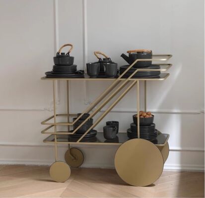 Hotel Function Luxury Nordic Metal Kitchen Rack Acrylic French Drinks Cart Gold Colour Stainless Steel Tea Coffee Serving Trolley