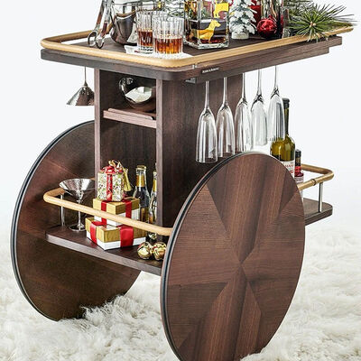 Metal and Wood Portable Food Serving Trolley Black Finished Iron Frame Wooden Cart for Home Hotel Restaurant Furniture