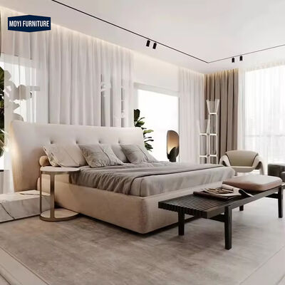 Modular queen size bed room furniture set featuring full upholstered linen frame and modern luxury furniture designs