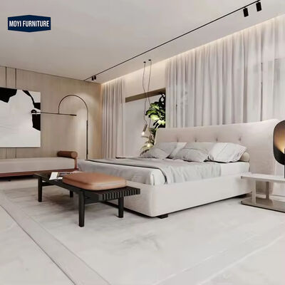Modular queen size bed room furniture set featuring full upholstered linen frame and modern luxury furniture designs