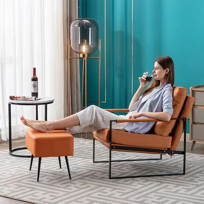 Accent Style Mid Century Living Room Armchair Brown Leather Metal Frame Bedroom Occasional Chair Contemporary Seating