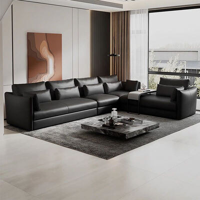 Modular Modern Italian Minimalist Black Leather Sofa Head Layer Cowhide Large Flat Layer Straight Row Corner Down Sofa