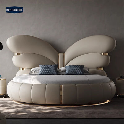 King Size Modern Design Bedroom Furniture Featuring Butterfly Headboard Soft Leather Upholstered Bed Stainless Steel Base