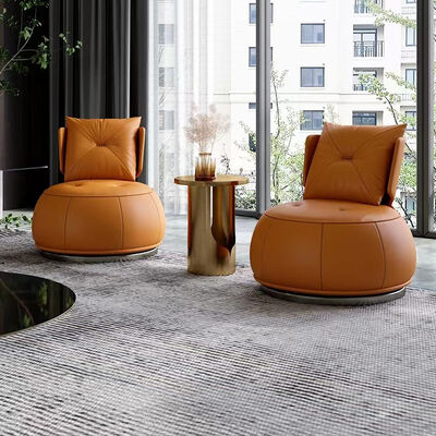Leather Wood and Metal Modern Round Lounge Swivel Chair Contemporary Single Sofa Chair Living Room Leisure Furniture