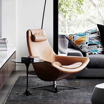 Leather Wood Metal Nordic Single Sofa Chair Seat Modern Simple Creative Leisure Swivel Chair Designer Living Room Bedroom