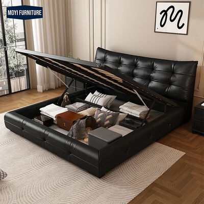 Synthetic Leather Upholstery Wooden Frame Foam Fabric Bed Modern Soft Wooden Bed Frame King Full Size Double Bed Set