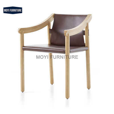 Modern Simple Design Leisure Chair Featuring Solid Wood Frame Comfy Sponge Saddle Leather Armrest Dining Chair for Hotel