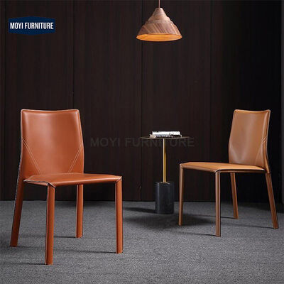 Dining Chair Crafted with Modern Metal Frame and Genuine Saddle Leather Upholstery Stylish Relax Seating Dining Room