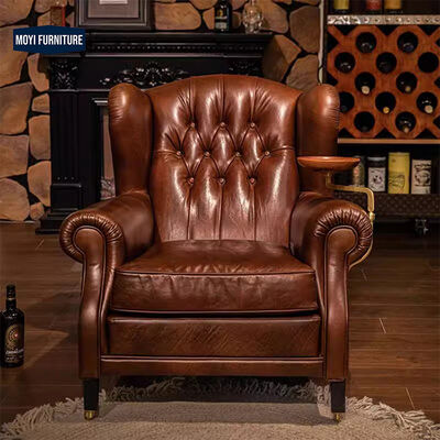Sponge Filled MOYI Antique Hotel Lounge Meeting Room Cigar Tan Leather Accent Sofa Single Sofa Chair for Home Living Room Dining Coffee Leisure Reading