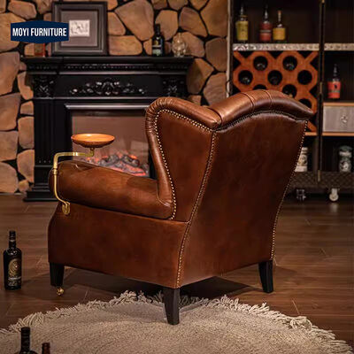 Sponge Filled MOYI Antique Hotel Lounge Meeting Room Cigar Tan Leather Accent Sofa Single Sofa Chair for Home Living Room Dining Coffee Leisure Reading