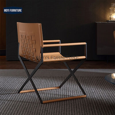 CUSTOM Modern Nordic Design Minimalist Stainless Steel Leisure Arm Chair Brown Saddle Leather Home Dining Chair Seating