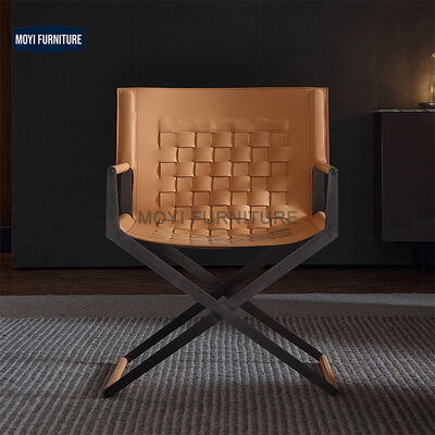CUSTOM Modern Nordic Design Minimalist Stainless Steel Leisure Arm Chair Brown Saddle Leather Home Dining Chair Seating