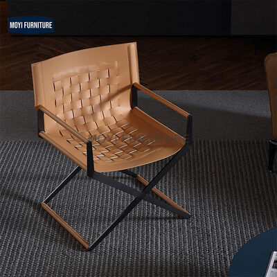 CUSTOM Modern Nordic Design Minimalist Stainless Steel Leisure Arm Chair Brown Saddle Leather Home Dining Chair Seating