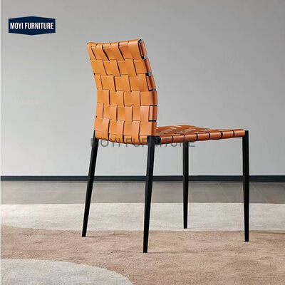 Dining Custom Nordic Design Office Accent Chair Metal Legs Weaving Orange Saddle Leather Dining Weaving Furniture