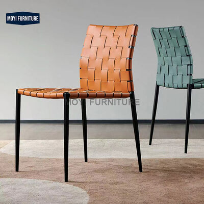 Dining Custom Nordic Design Office Accent Chair Metal Legs Weaving Orange Saddle Leather Dining Weaving Furniture