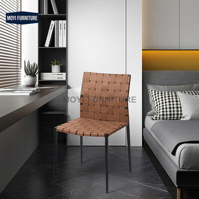 Dining Custom Nordic Design Office Accent Chair Metal Legs Weaving Orange Saddle Leather Dining Weaving Furniture