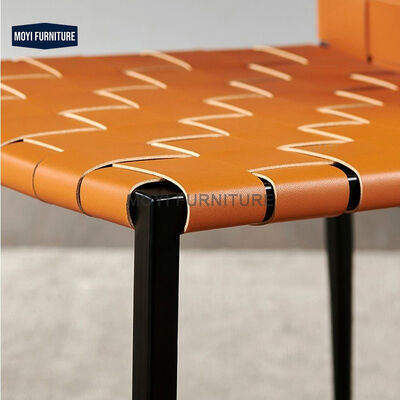 Dining Custom Nordic Design Office Accent Chair Metal Legs Weaving Orange Saddle Leather Dining Weaving Furniture