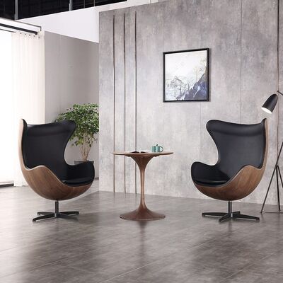 Living Room Furniture Wood Grain Round Chair Nordic Vintage Leisure Chair with Leather Fabric and Wood Leather Tea Table