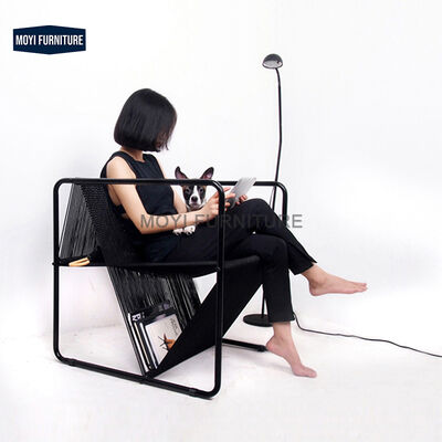 Home Living Room Minimalist Metal Frame Rope Design Leather Accent Single Sofa Armchair for Balcony Seating