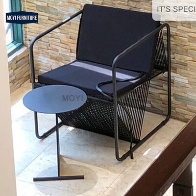 Home Living Room Minimalist Metal Frame Rope Design Leather Accent Single Sofa Armchair for Balcony Seating