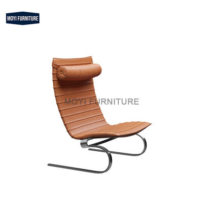 Modern Lounge Chair with Black Leather Cushion and Stainless Steel Frame No Tilting Living Room Seating