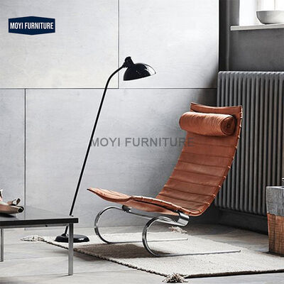 Modern Lounge Chair with Black Leather Cushion and Stainless Steel Frame No Tilting Living Room Seating