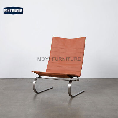 Modern Lounge Chair with Black Leather Cushion and Stainless Steel Frame No Tilting Living Room Seating