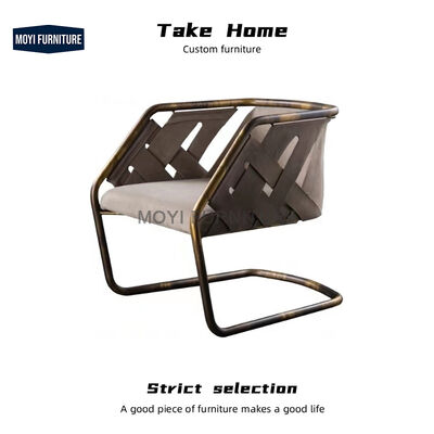 American Retro Office Accent Chair Golden Metal Frame Saddle Leather Curved Backrest Dining Chair for Kitchen