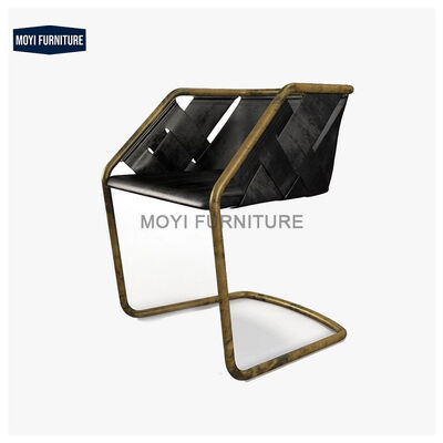 American Retro Office Accent Chair Golden Metal Frame Saddle Leather Curved Backrest Dining Chair for Kitchen