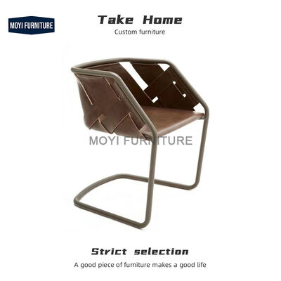 American Retro Office Accent Chair Golden Metal Frame Saddle Leather Curved Backrest Dining Chair for Kitchen