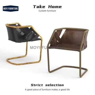 American Retro Office Accent Chair Golden Metal Frame Saddle Leather Curved Backrest Dining Chair for Kitchen