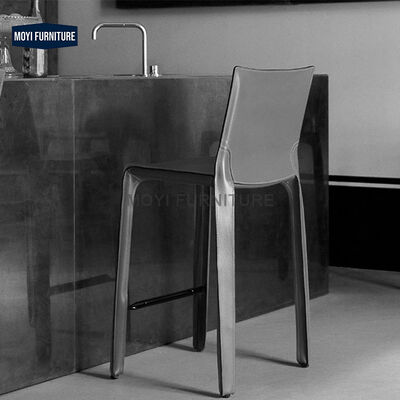 Modern Italian Simple Design Saddle Leather Bar Chair High Leather Back Lounge Chair Without Armrests Bar Furniture