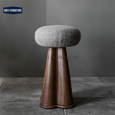 MOYI Minimalist Round Wood Base Bar Stool With Teddy Fabric Upholstery Seat for Home Kitchen Counter