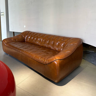 Vintage Brown Leather Couch Set Pine Wood Frame Leisure Sofa Sectional for Villa