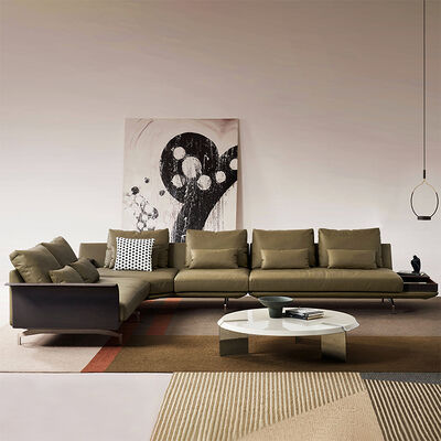 Wooden Frame Stainless Steel Hardware Feet Modular L-Shaped Leather Fabric Sofa Set for Living Room Villa Apartment Use
