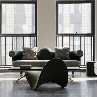 Light Luxury Modular Sofa Stainless Steel Base Linen Fabric Black 3 Seat Curved Sofa Chair for Apartment Lobby
