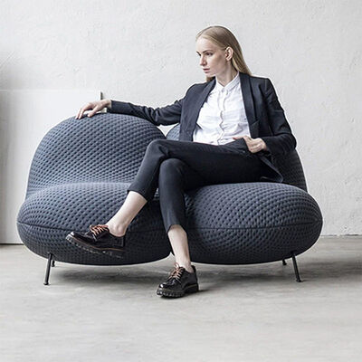 Italian Home Livingroom Leisure Chair Knitted Fabric Black Iron Leg With Ottoman Single Lounge Chair for Hotel