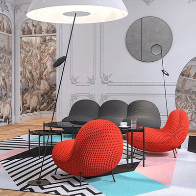 Italian Home Livingroom Leisure Chair Knitted Fabric Black Iron Leg With Ottoman Single Lounge Chair for Hotel