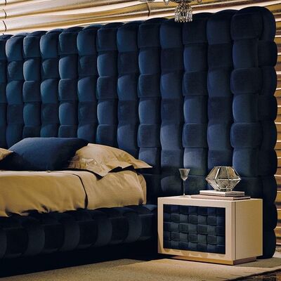 Modern Blue Velvet King-Size Bedroom Furniture Unique Double Headboard With Button Tufted Design