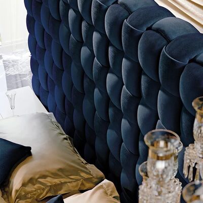 Modern Blue Velvet King-Size Bedroom Furniture Unique Double Headboard With Button Tufted Design
