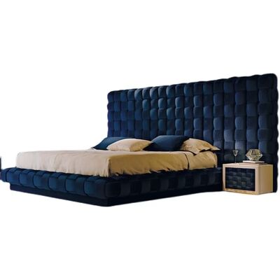 Modern Blue Velvet King-Size Bedroom Furniture Unique Double Headboard With Button Tufted Design