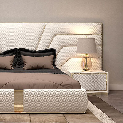 Opulent Upholstered Bed: Quilted Pattern & Gold Trims for Luxe Bedrooms