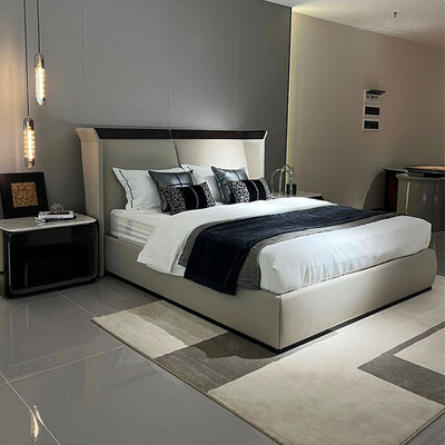 Modern New Design Brown Wooden Double Beige Velvet Leather Bed Room Suite Modern Luxury Home Furniture King Size Bed Design