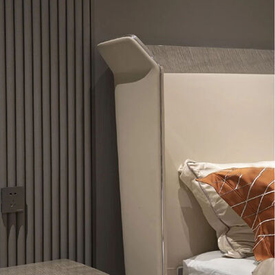 Modern New Design Brown Wooden Double Beige Velvet Leather Bed Room Suite Modern Luxury Home Furniture King Size Bed Design