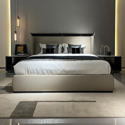 Modern New Design Brown Wooden Double Beige Velvet Leather Bed Room Suite Modern Luxury Home Furniture King Size Bed Design