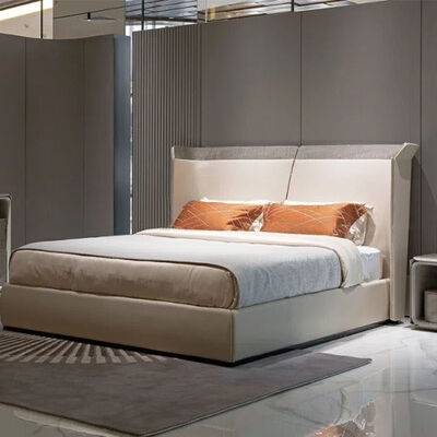 Modern New Design Brown Wooden Double Beige Velvet Leather Bed Room Suite Modern Luxury Home Furniture King Size Bed Design