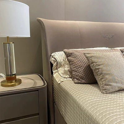 Luxury Beige Genuine Leather king Size Bed Headboard Double Bed Set with Sturdy Frame Modern Design for Villa Bedroom Furniture