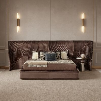Latest Design Bedroom Furniture Big Headboard Velvet Fabric Bed Unique Shape Modern Luxury Double Bed with Storage Bedroom Set
