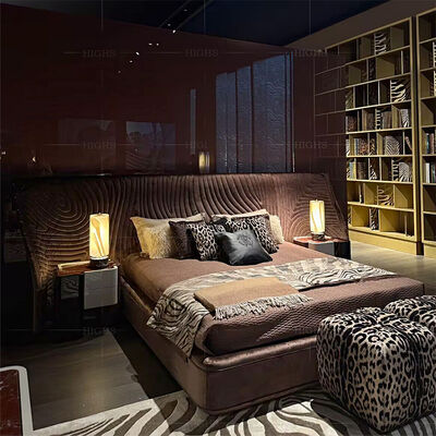 Latest Design Bedroom Furniture Big Headboard Velvet Fabric Bed Unique Shape Modern Luxury Double Bed with Storage Bedroom Set