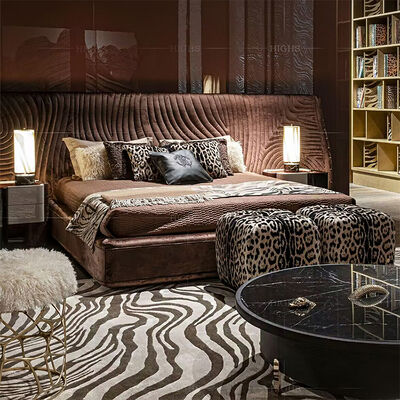 Latest Design Bedroom Furniture Big Headboard Velvet Fabric Bed Unique Shape Modern Luxury Double Bed with Storage Bedroom Set